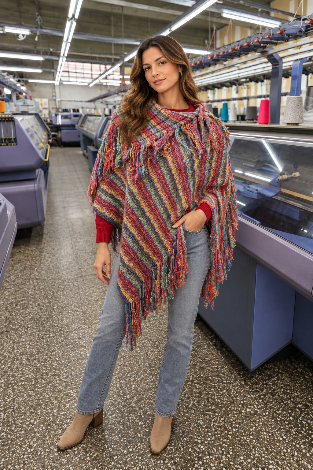PONCHO CON FLECOS LANA MULTICOLOR - ART. 7988