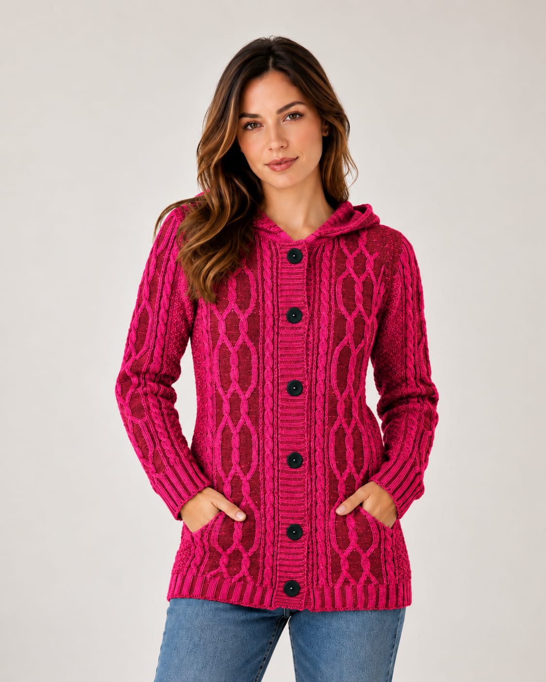 SACÓN CAPUCHA LANA FUCSIA GASPEADO ART 7204